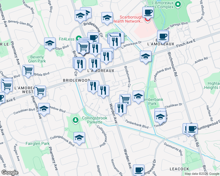 map of restaurants, bars, coffee shops, grocery stores, and more near 10 Stonehill Court in Toronto