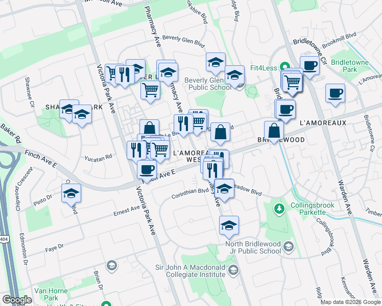 map of restaurants, bars, coffee shops, grocery stores, and more near 3030 Pharmacy Avenue in Toronto