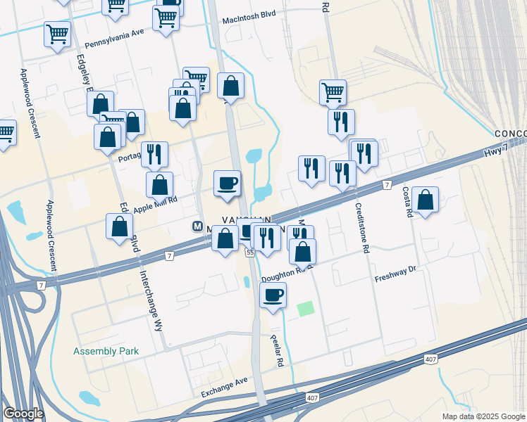 map of restaurants, bars, coffee shops, grocery stores, and more near 2966 Highway 7 in Vaughan