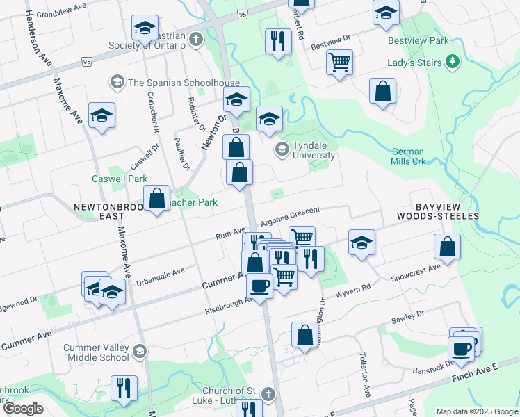 map of restaurants, bars, coffee shops, grocery stores, and more near 3 Bowan Court in Toronto