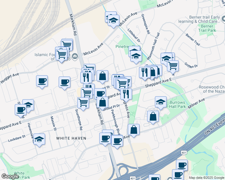 map of restaurants, bars, coffee shops, grocery stores, and more near 5600 Sheppard Avenue East in Toronto