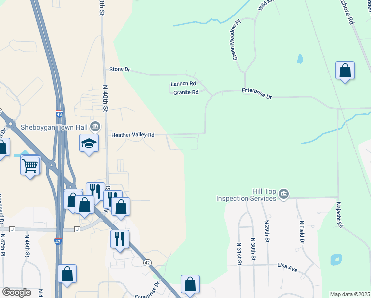 map of restaurants, bars, coffee shops, grocery stores, and more near Larkspur Way in Sheboygan