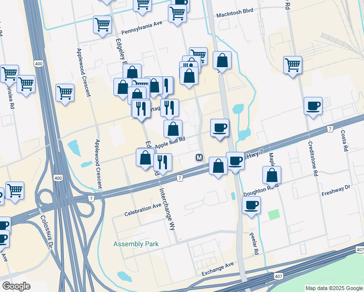 map of restaurants, bars, coffee shops, grocery stores, and more near 100 New Park Place in Vaughan