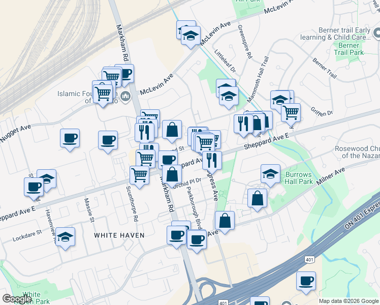 map of restaurants, bars, coffee shops, grocery stores, and more near in Toronto