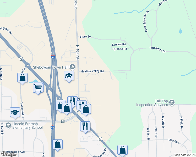 map of restaurants, bars, coffee shops, grocery stores, and more near 3849 Heather Valley Road in Sheboygan