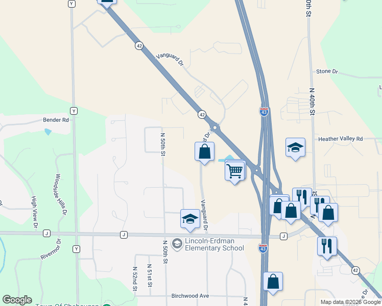 map of restaurants, bars, coffee shops, grocery stores, and more near 5002 South Reineking Drive in Sheboygan