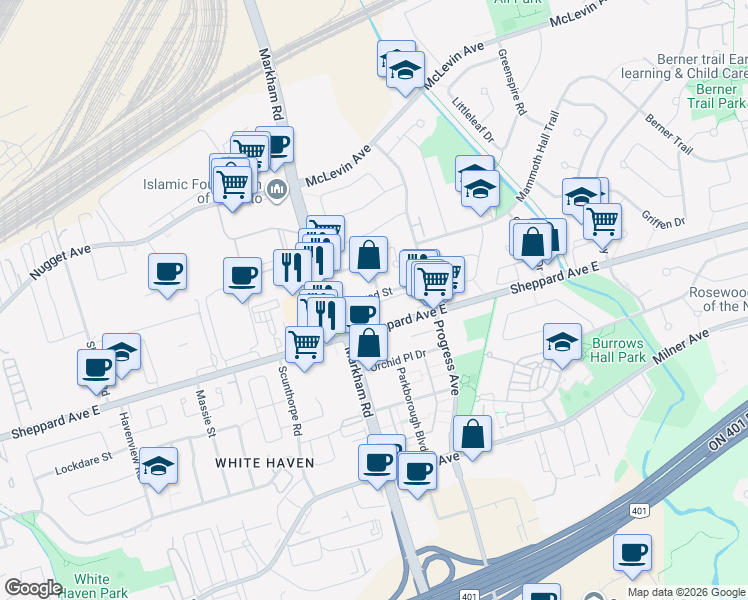 map of restaurants, bars, coffee shops, grocery stores, and more near 5580 Sheppard Avenue East in Toronto