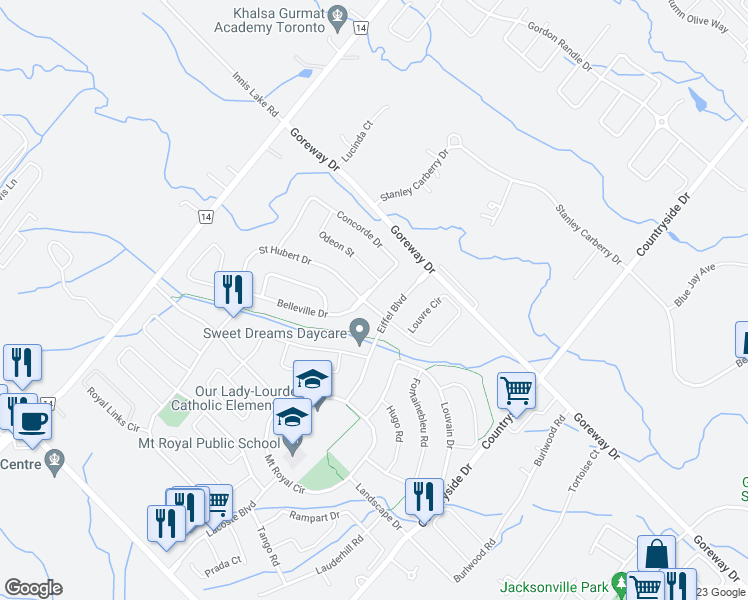 map of restaurants, bars, coffee shops, grocery stores, and more near 7 Saint Hubert Drive in Brampton