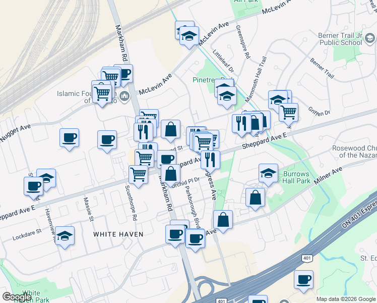 map of restaurants, bars, coffee shops, grocery stores, and more near 5600 Sheppard Avenue East in Toronto