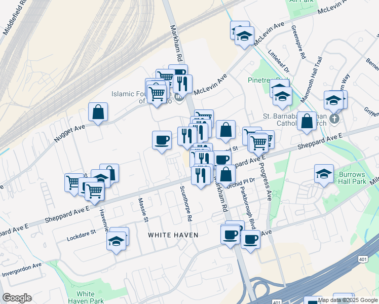 map of restaurants, bars, coffee shops, grocery stores, and more near 1780 Markham Road in Toronto