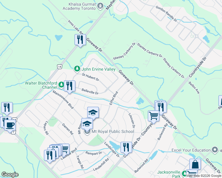map of restaurants, bars, coffee shops, grocery stores, and more near 7 Saint Hubert Drive in Brampton