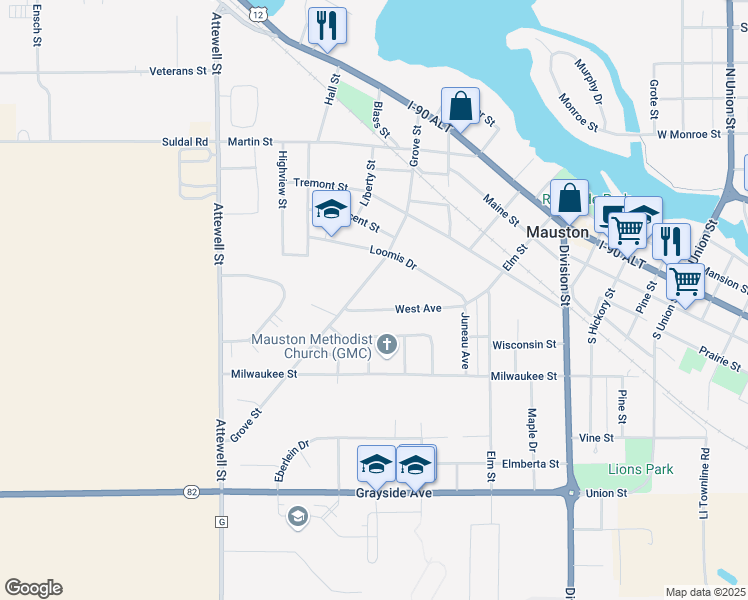 map of restaurants, bars, coffee shops, grocery stores, and more near 620 Grove Street in Mauston