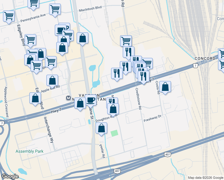 map of restaurants, bars, coffee shops, grocery stores, and more near 2916 Highway 7 in Vaughan