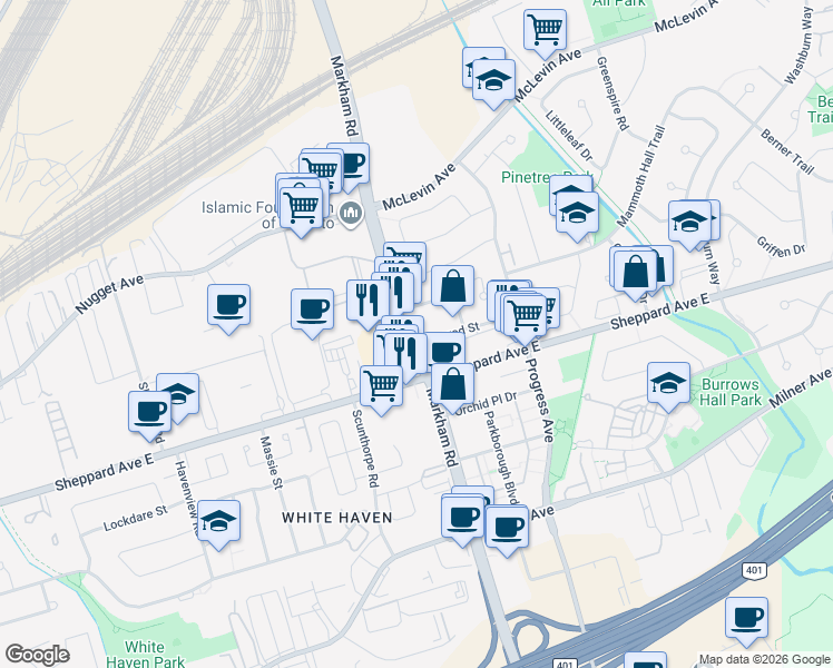 map of restaurants, bars, coffee shops, grocery stores, and more near 17 Verne Crescent in Toronto