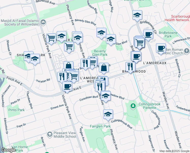 map of restaurants, bars, coffee shops, grocery stores, and more near in Toronto