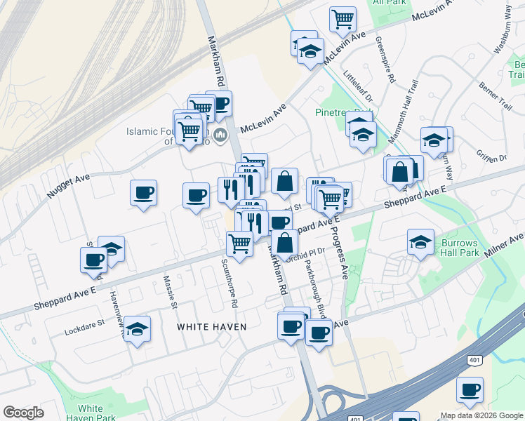 map of restaurants, bars, coffee shops, grocery stores, and more near in Toronto