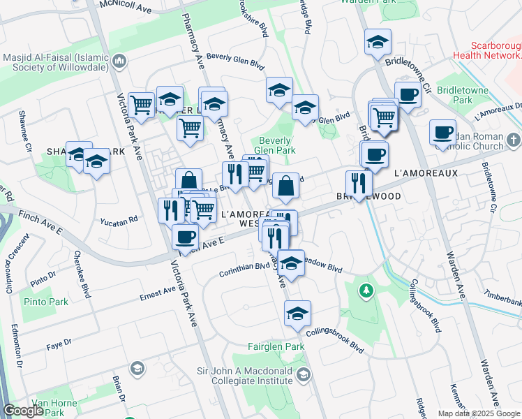 map of restaurants, bars, coffee shops, grocery stores, and more near 45 Huntingdale Boulevard in Toronto