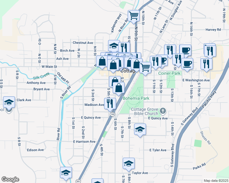 map of restaurants, bars, coffee shops, grocery stores, and more near 208 South 6th Street in Cottage Grove
