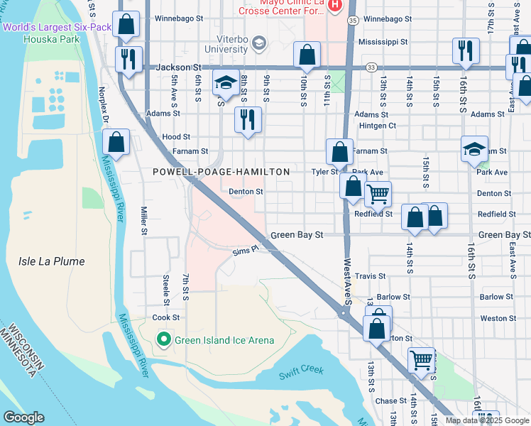 map of restaurants, bars, coffee shops, grocery stores, and more near 9th St S & Redfield St in La Crosse
