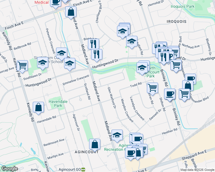 map of restaurants, bars, coffee shops, grocery stores, and more near 90 Glen Watford Drive in Toronto
