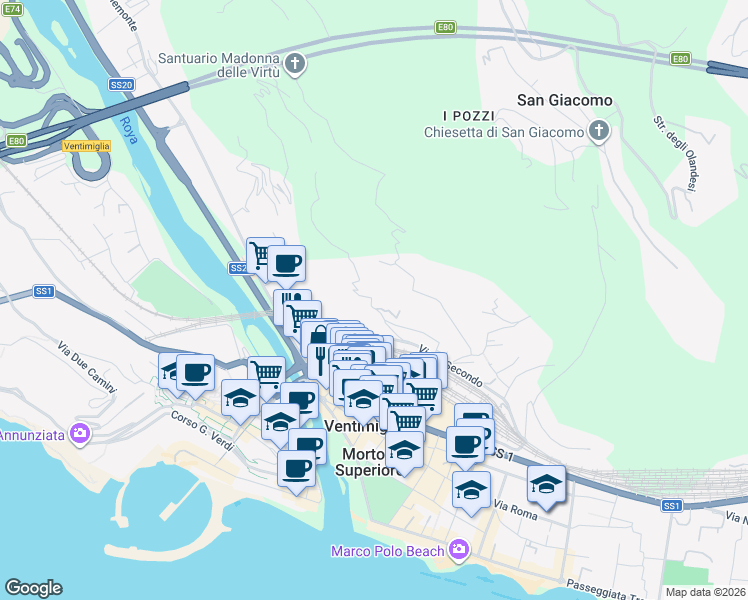 map of restaurants, bars, coffee shops, grocery stores, and more near 20B Via Bandette in Ventimiglia
