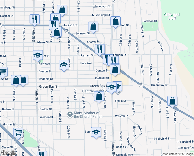 map of restaurants, bars, coffee shops, grocery stores, and more near 2199 Redfield Street in La Crosse