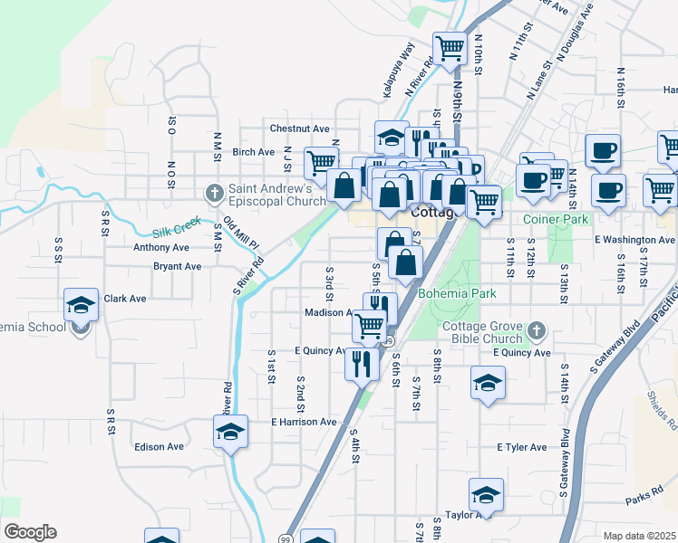 map of restaurants, bars, coffee shops, grocery stores, and more near 216 South 3rd Street in Cottage Grove