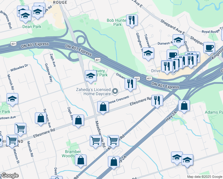 map of restaurants, bars, coffee shops, grocery stores, and more near in Toronto