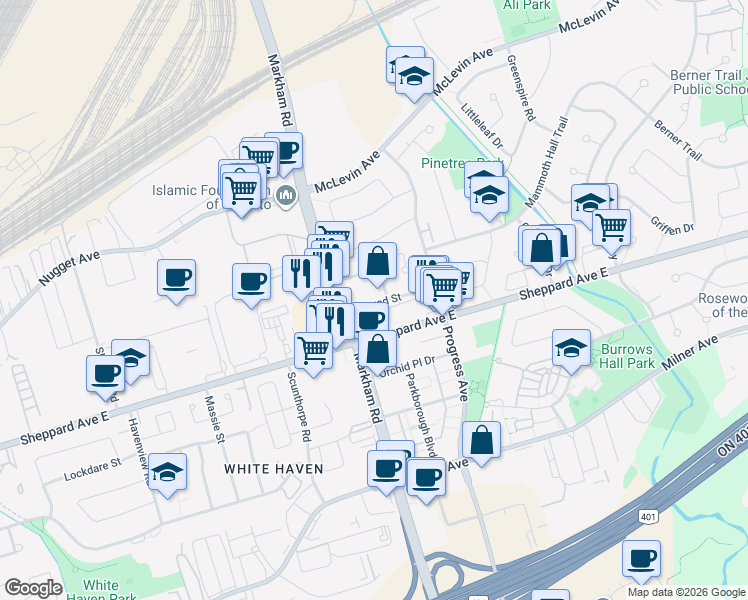 map of restaurants, bars, coffee shops, grocery stores, and more near in Toronto