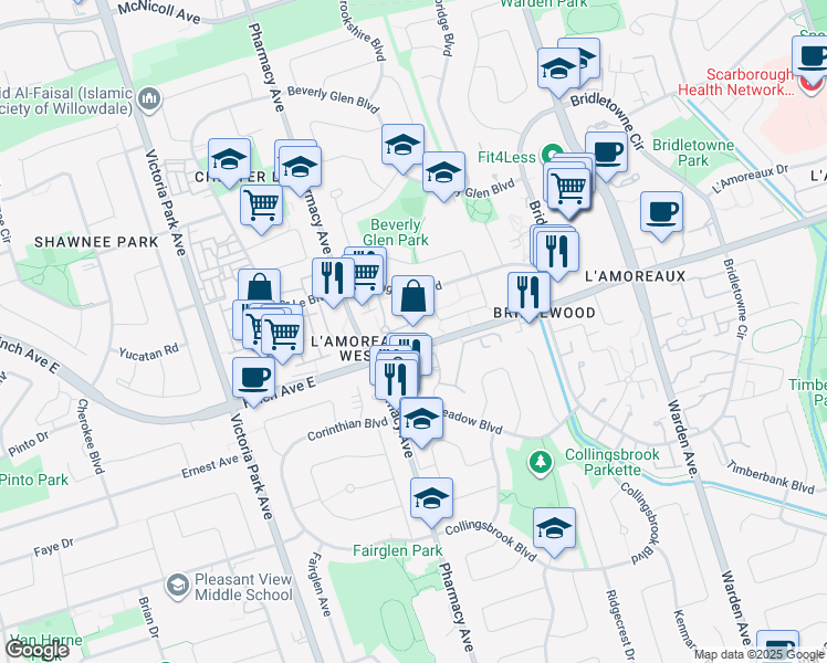 map of restaurants, bars, coffee shops, grocery stores, and more near 95 Huntingdale Boulevard in Toronto