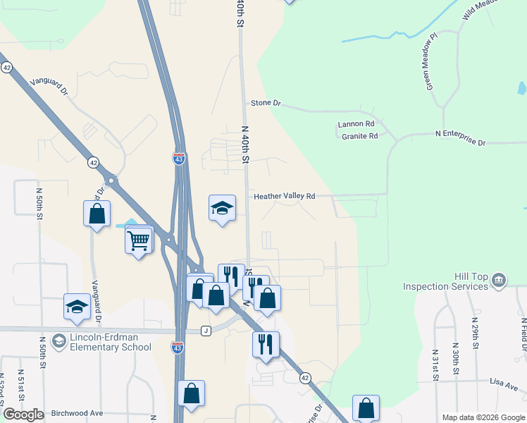 map of restaurants, bars, coffee shops, grocery stores, and more near 3903 Heather Valley Road in Sheboygan