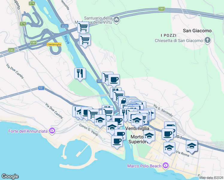 map of restaurants, bars, coffee shops, grocery stores, and more near 4 Via XXV Aprile in Ventimiglia