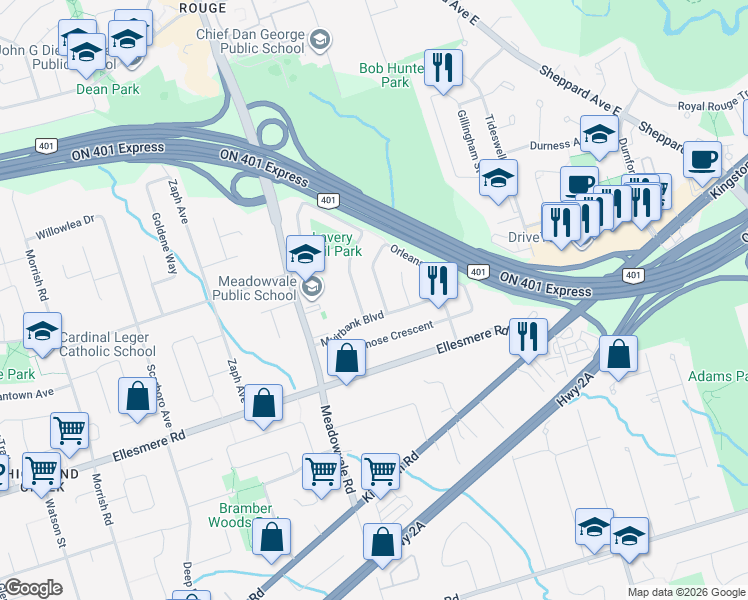 map of restaurants, bars, coffee shops, grocery stores, and more near in Toronto