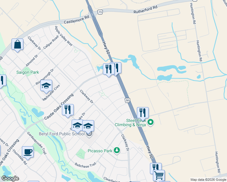 map of restaurants, bars, coffee shops, grocery stores, and more near 61 Lightcatcher Circle in Brampton