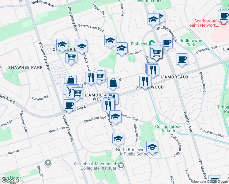 map of restaurants, bars, coffee shops, grocery stores, and more near 65 Huntingdale Boulevard in Toronto
