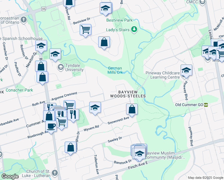 map of restaurants, bars, coffee shops, grocery stores, and more near 6 Foxdale Court in Toronto