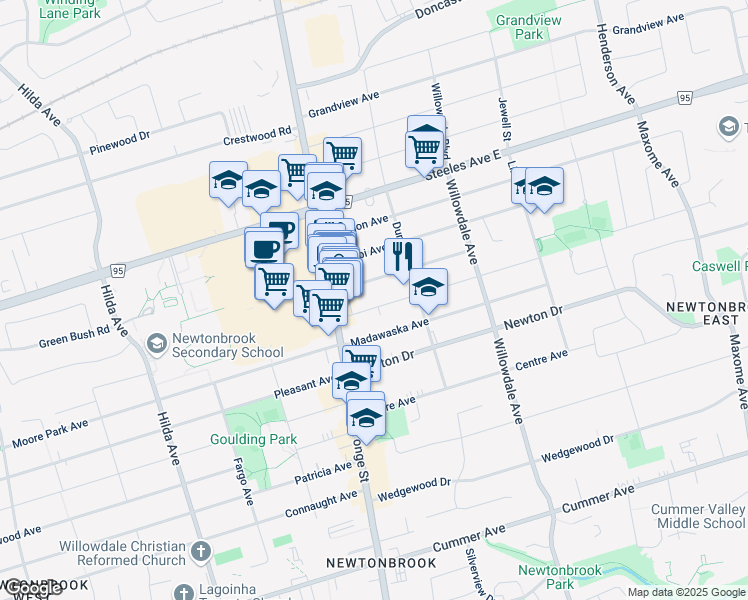 map of restaurants, bars, coffee shops, grocery stores, and more near 25 Athabaska Avenue in Toronto