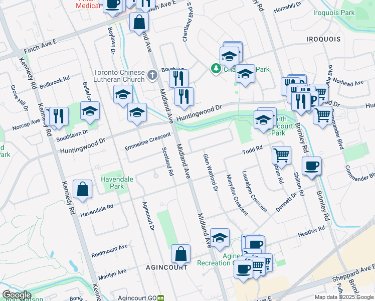 map of restaurants, bars, coffee shops, grocery stores, and more near 4 Stubbswood Square in Toronto