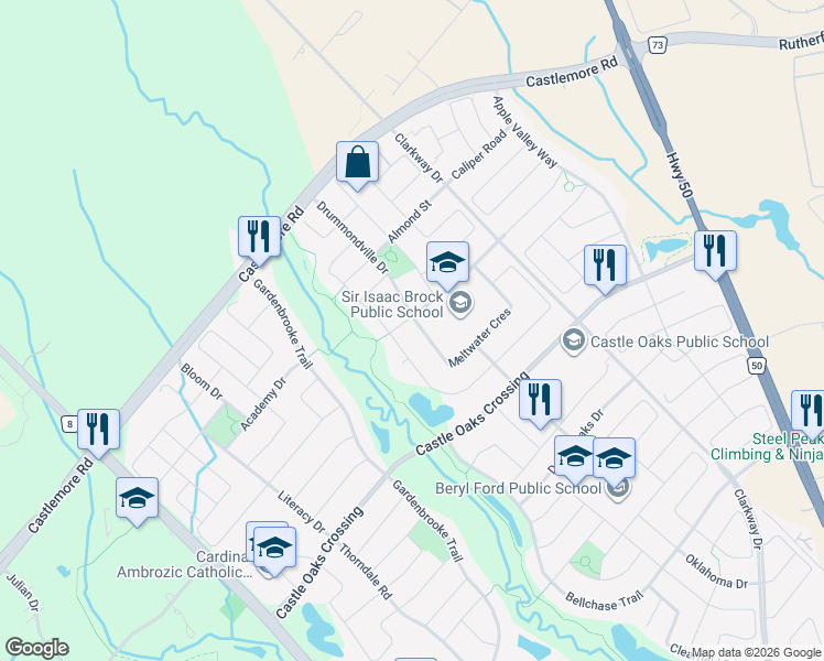 map of restaurants, bars, coffee shops, grocery stores, and more near 4 Meltwater Crescent in Brampton