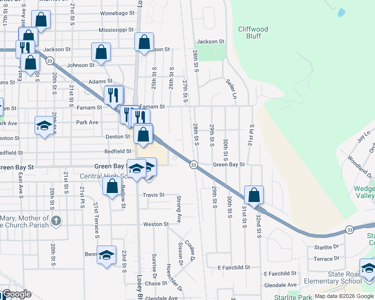 map of restaurants, bars, coffee shops, grocery stores, and more near 1437 27th Street South in La Crosse