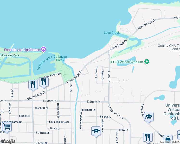 map of restaurants, bars, coffee shops, grocery stores, and more near 46 Winnebago Lane in Fond du Lac