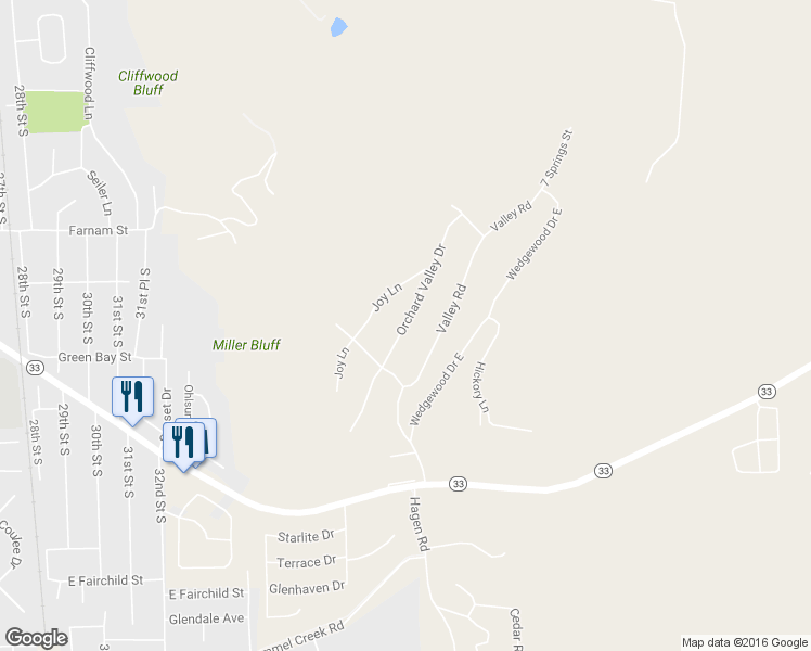 map of restaurants, bars, coffee shops, grocery stores, and more near Orchard Valley Drive in La Crosse