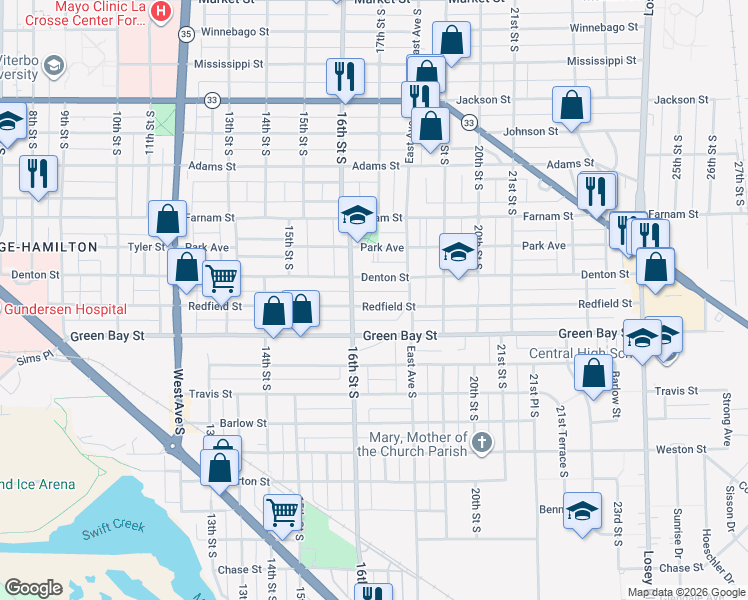 map of restaurants, bars, coffee shops, grocery stores, and more near 1621 Redfield Street in La Crosse