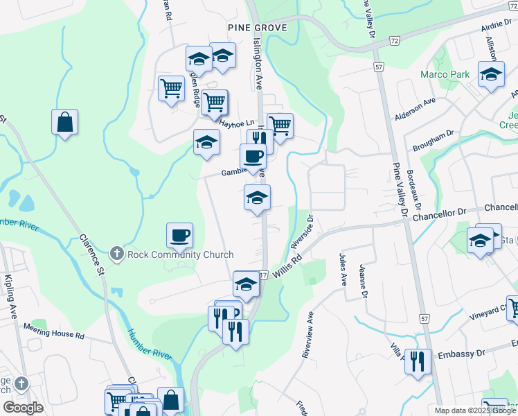 map of restaurants, bars, coffee shops, grocery stores, and more near 8302 York Regional Road 17 in Vaughan