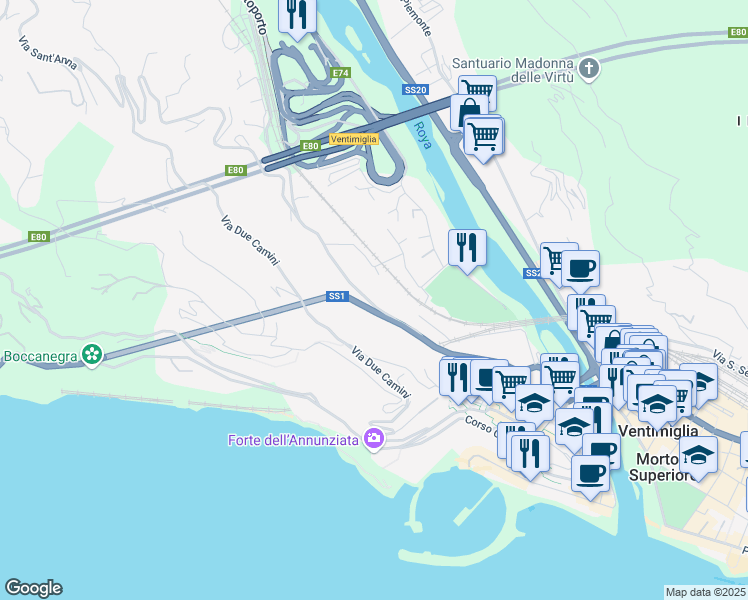 map of restaurants, bars, coffee shops, grocery stores, and more near 10 Via Gallardi in Ventimiglia