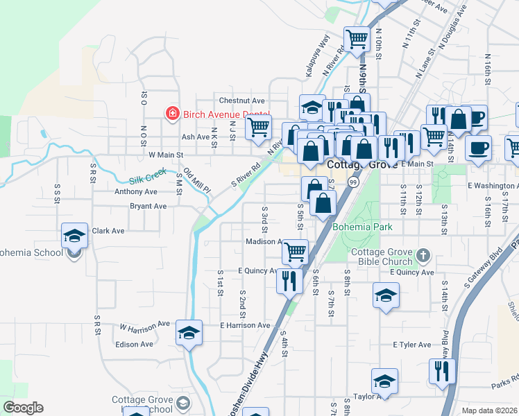map of restaurants, bars, coffee shops, grocery stores, and more near 225 Adams Avenue in Cottage Grove