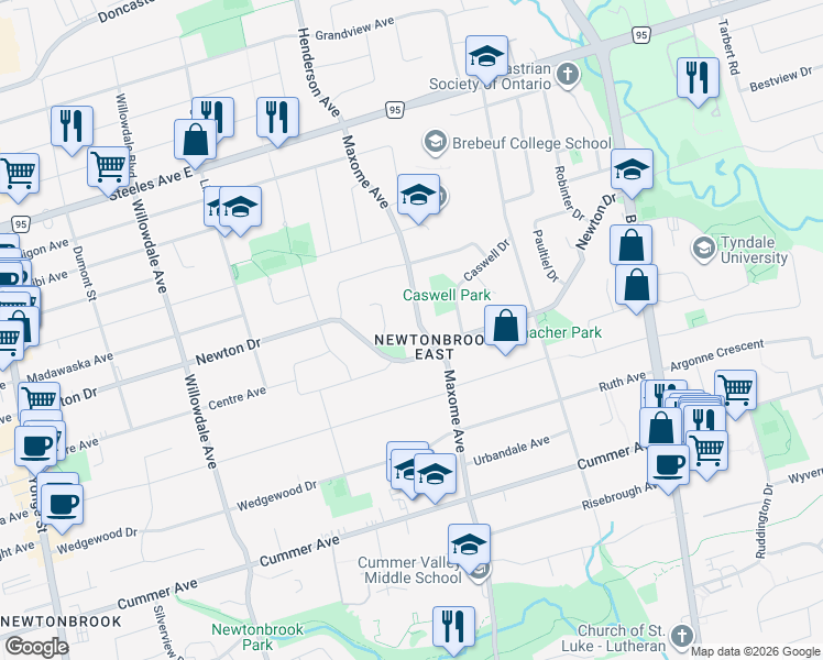 map of restaurants, bars, coffee shops, grocery stores, and more near 182 Maxome Avenue in Toronto