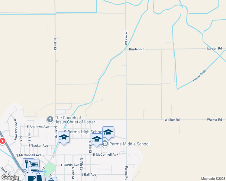 map of restaurants, bars, coffee shops, grocery stores, and more near 29227 Parma Road in Parma