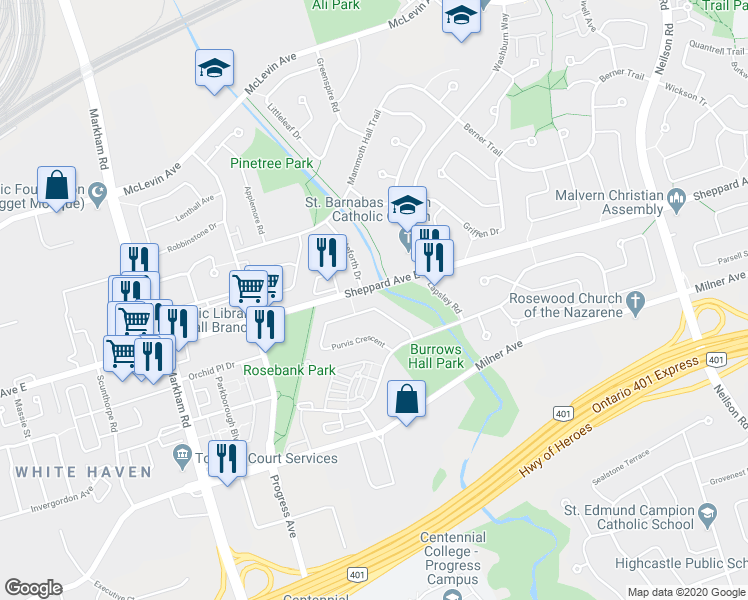 map of restaurants, bars, coffee shops, grocery stores, and more near 122 Purvis Crescent in Toronto