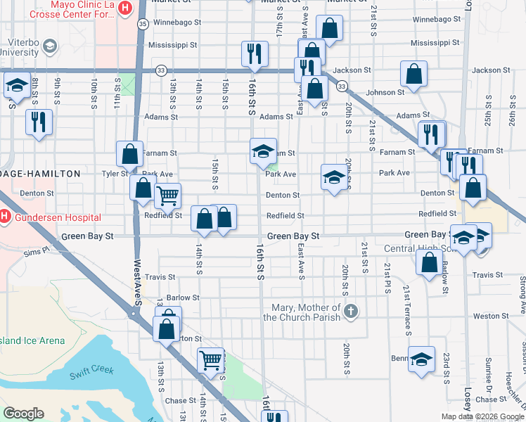 map of restaurants, bars, coffee shops, grocery stores, and more near 1621 Redfield Street in La Crosse